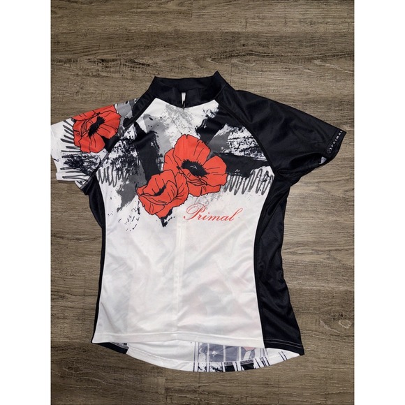 primal Tops - PRIMAL Women's Cycling Jersey M White Black Red Poppy Flower Biking Shirt